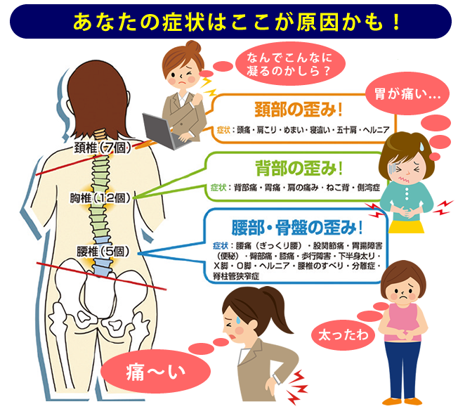 あなたの症状はここが原因かも！　頚部のゆがみ　背部のゆがみ　腰部・骨盤の歪み